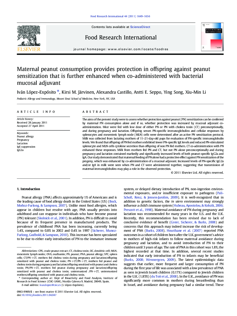 Maternal peanut consumption provides protection in offspring against peanut sensitization that is further enhanced when co-administered with bacterial mucosal adjuvant