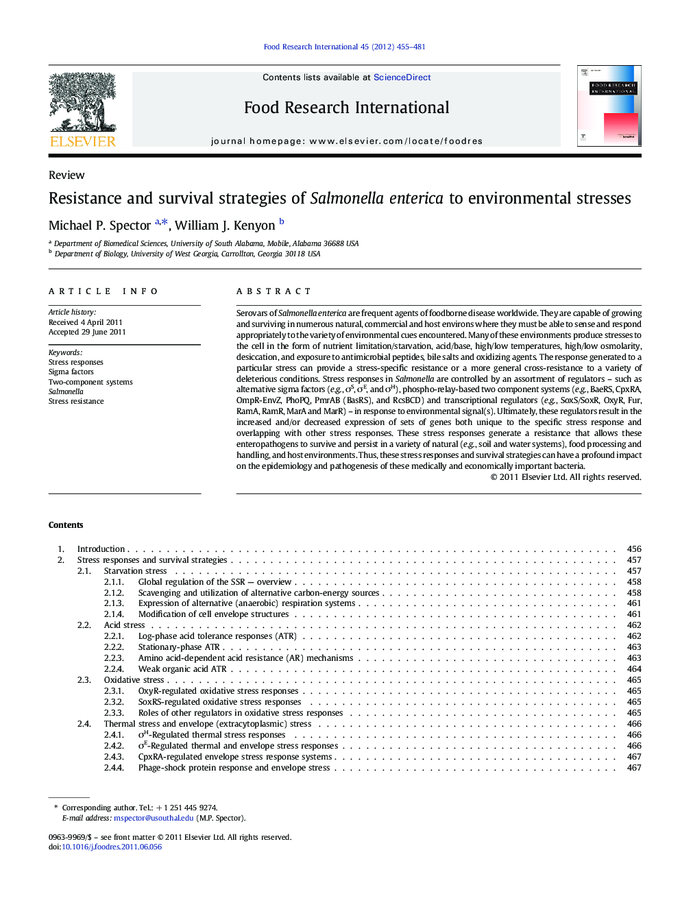 Resistance and survival strategies of Salmonella enterica to environmental stresses