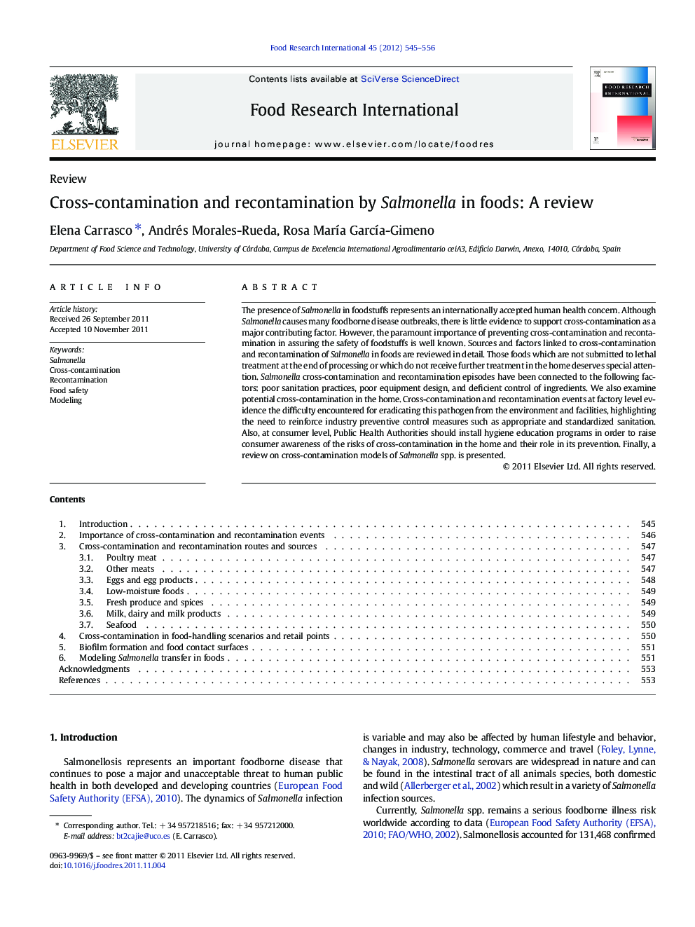 Cross-contamination and recontamination by Salmonella in foods: A review