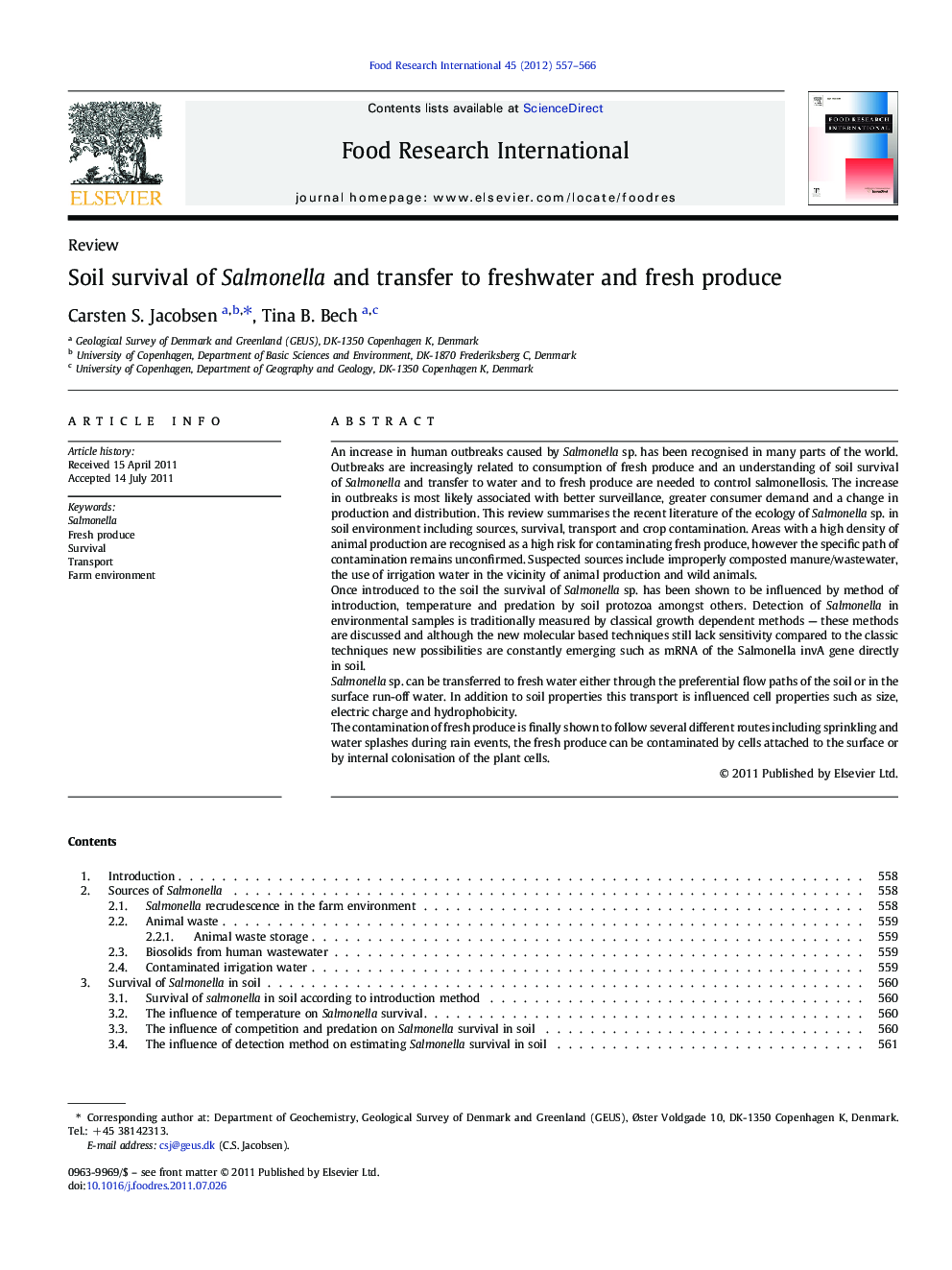 Soil survival of Salmonella and transfer to freshwater and fresh produce