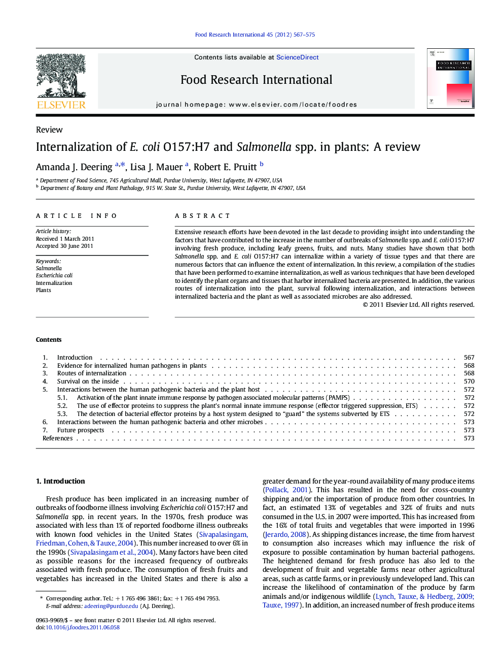 Internalization of E. coli O157:H7 and Salmonella spp. in plants: A review