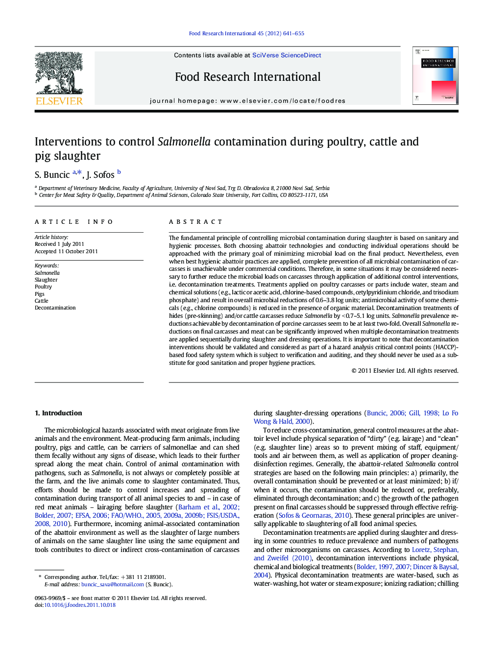 Interventions to control Salmonella contamination during poultry, cattle and pig slaughter