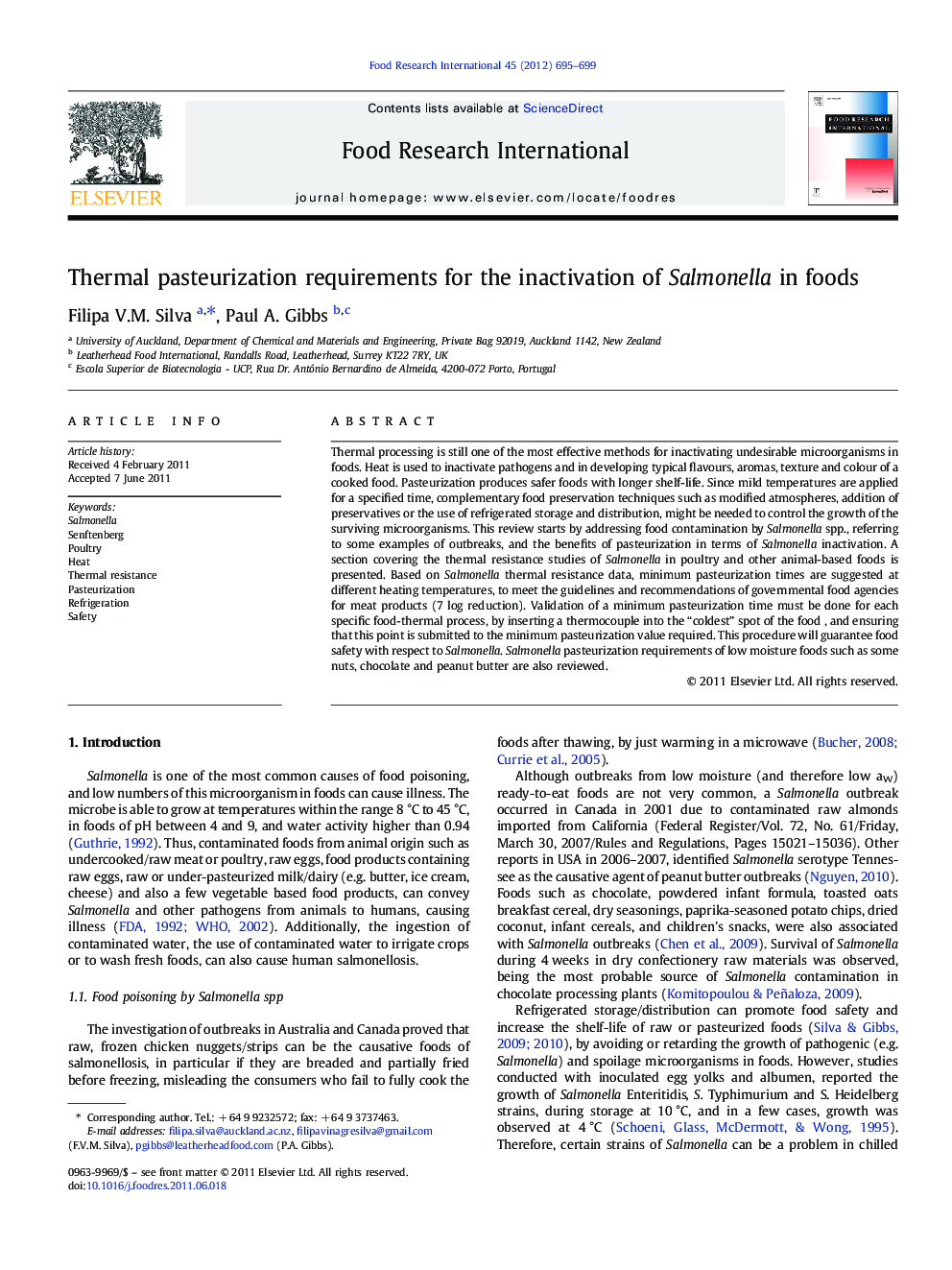 Thermal pasteurization requirements for the inactivation of Salmonella in foods