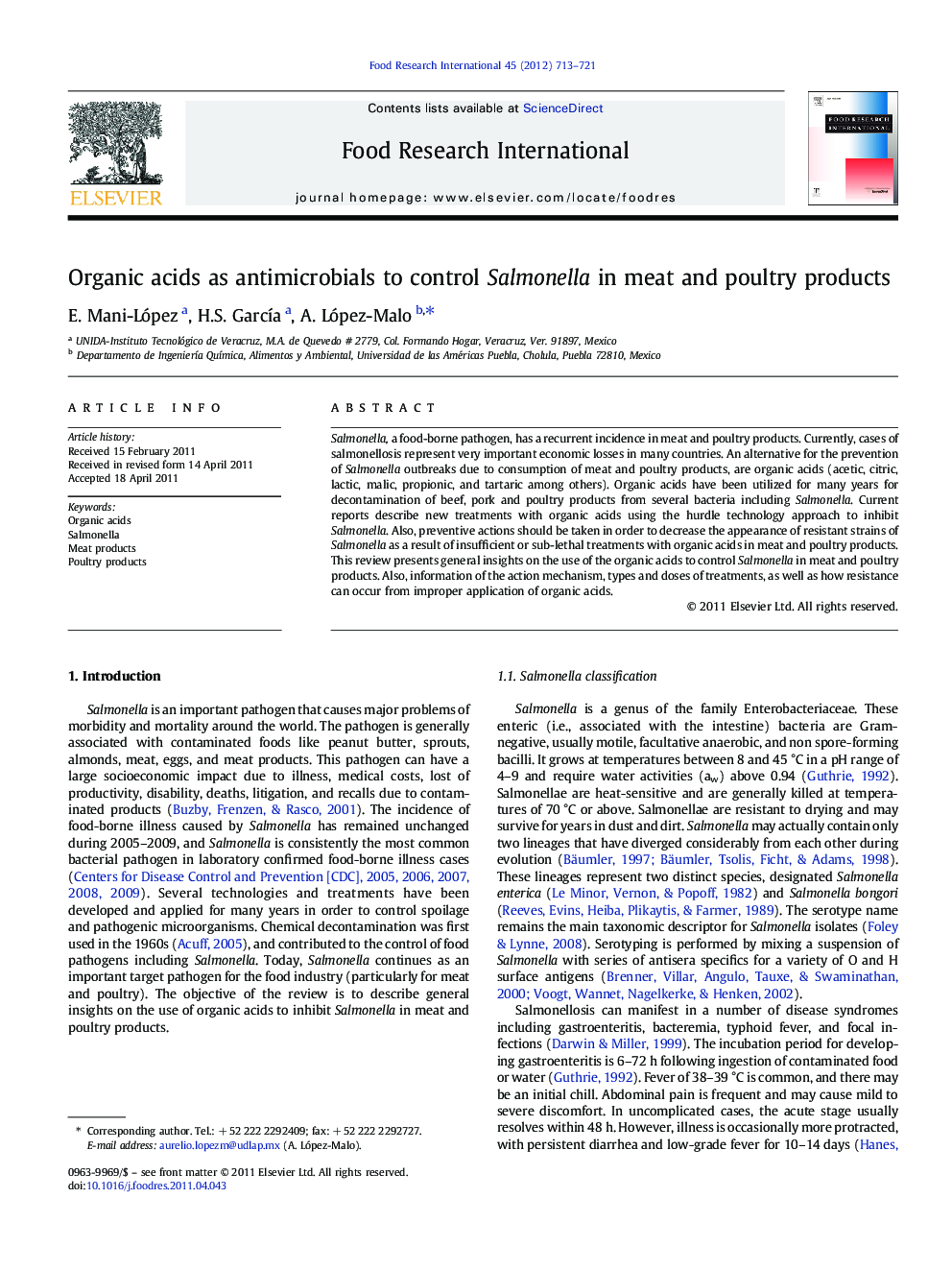 Organic acids as antimicrobials to control Salmonella in meat and poultry products