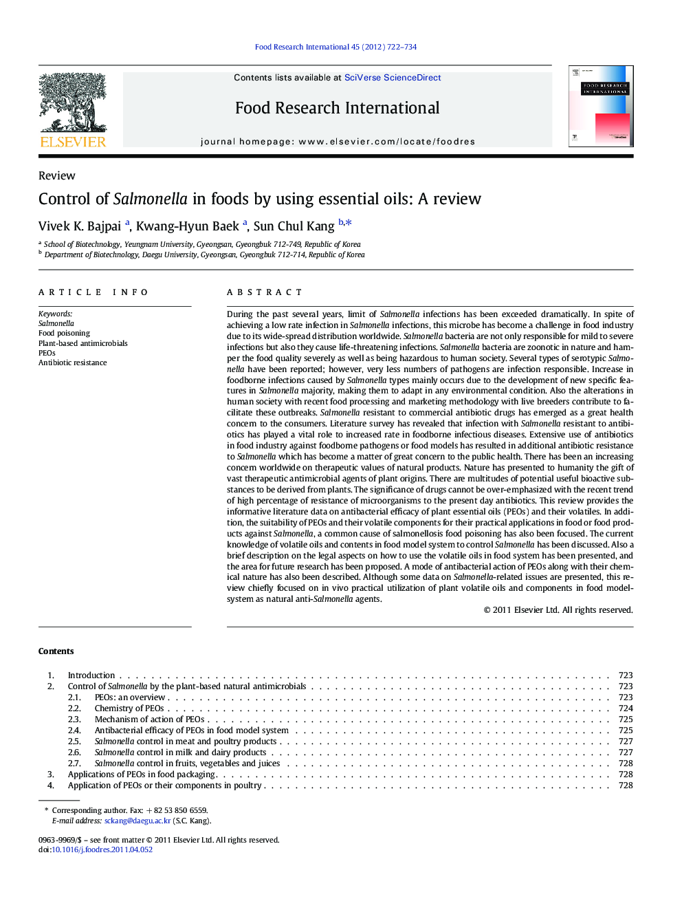 Control of Salmonella in foods by using essential oils: A review