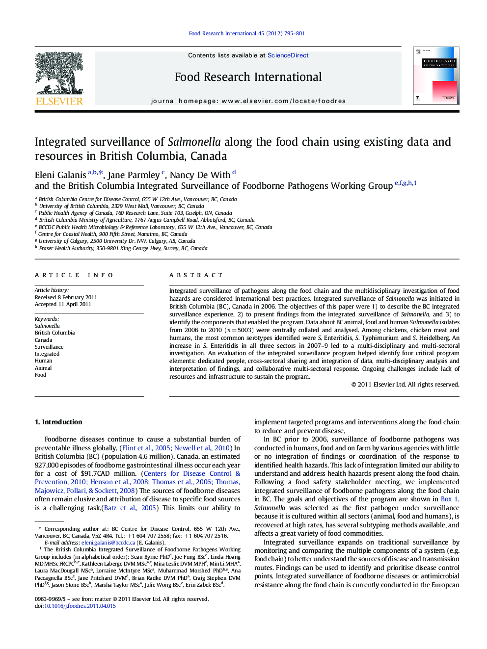 Integrated surveillance of Salmonella along the food chain using existing data and resources in British Columbia, Canada