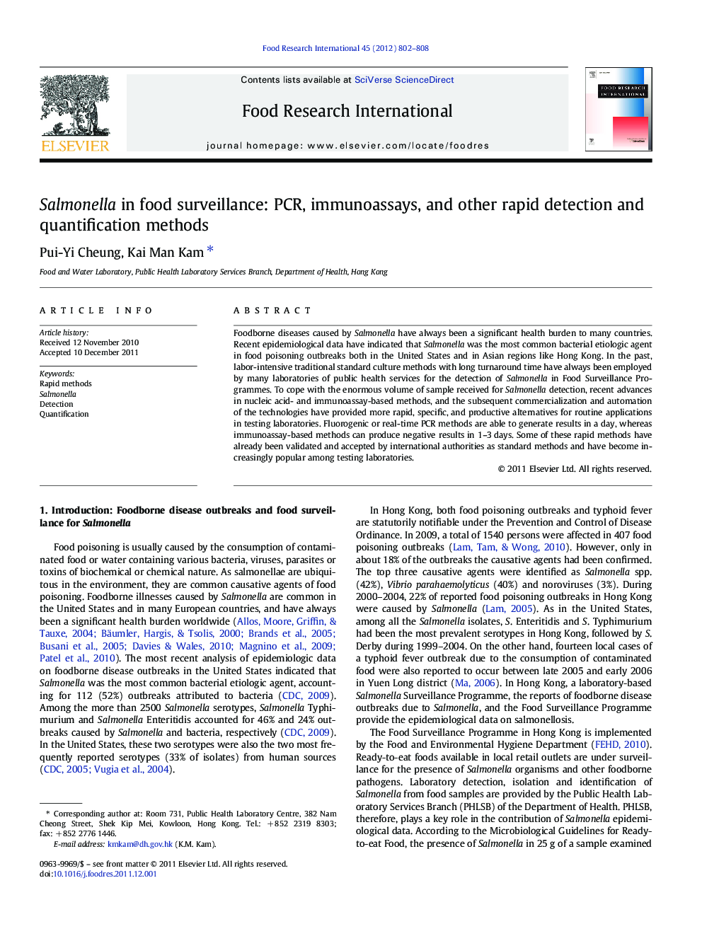 Salmonella in food surveillance: PCR, immunoassays, and other rapid detection and quantification methods