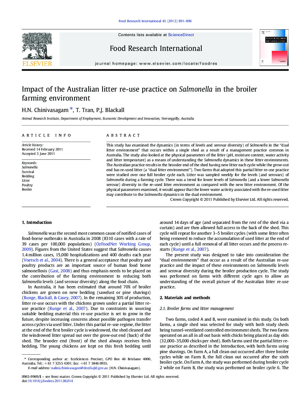 Impact of the Australian litter re-use practice on Salmonella in the broiler farming environment