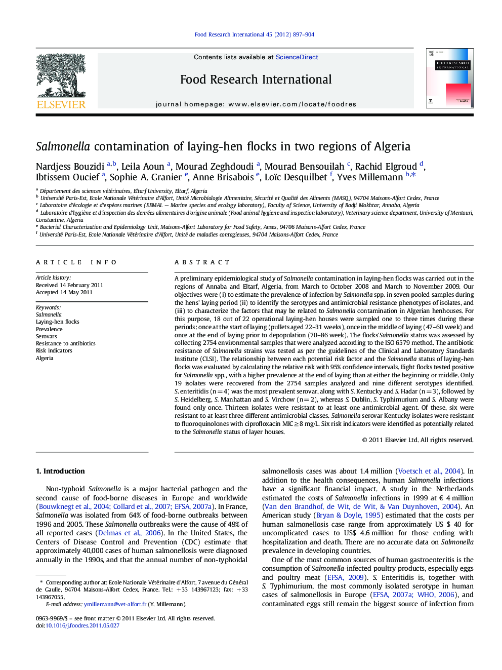 Salmonella contamination of laying-hen flocks in two regions of Algeria