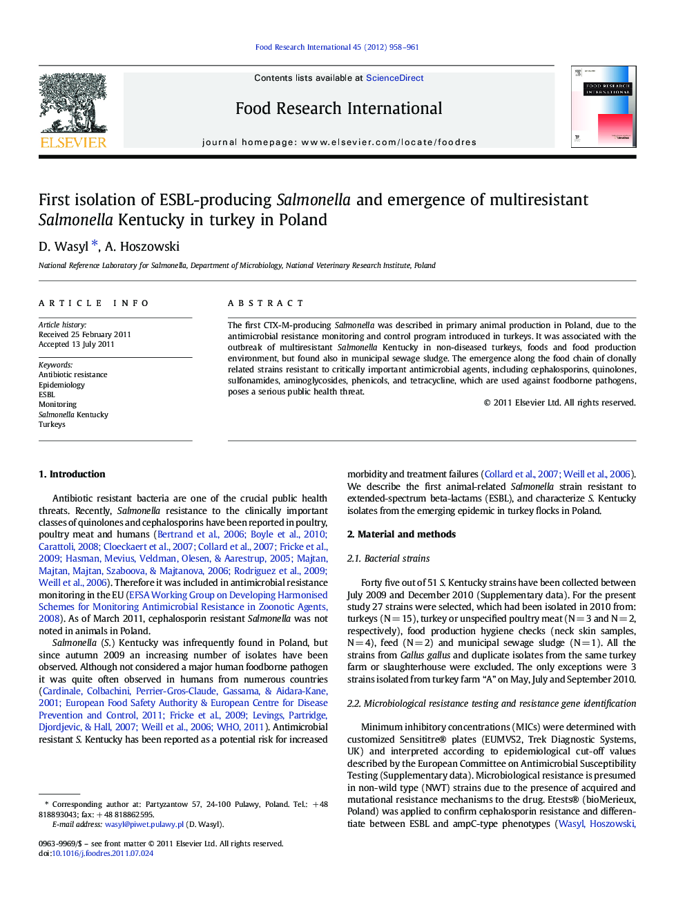 First isolation of ESBL-producing Salmonella and emergence of multiresistant Salmonella Kentucky in turkey in Poland