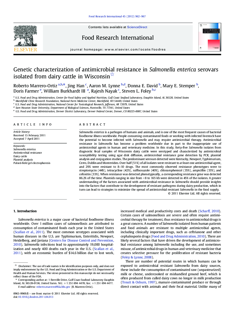 Genetic characterization of antimicrobial resistance in Salmonella enterica serovars isolated from dairy cattle in Wisconsin 