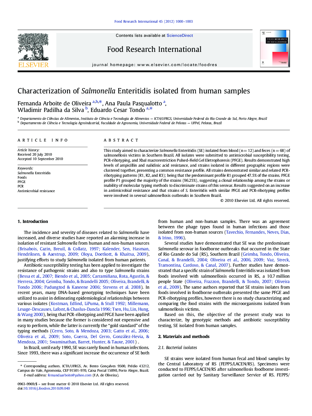 Characterization of Salmonella Enteritidis isolated from human samples