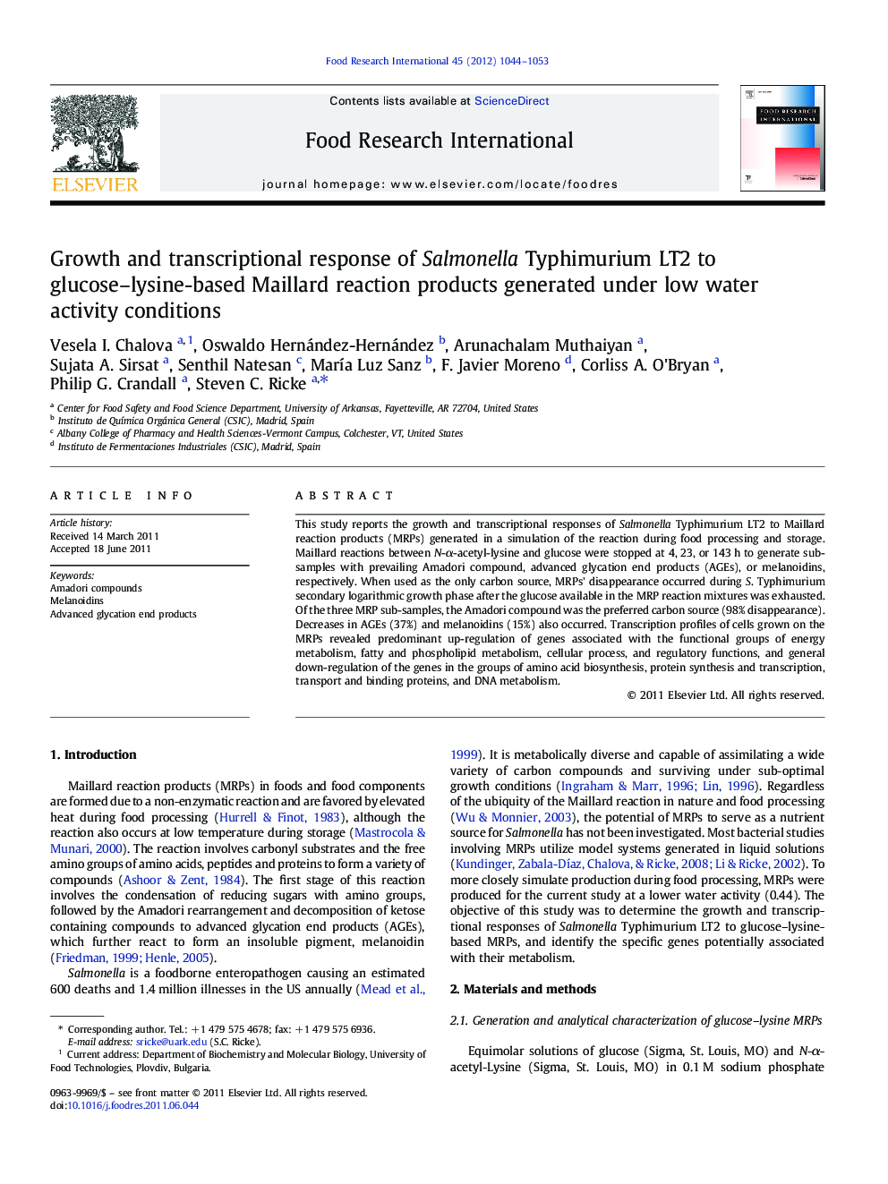 Growth and transcriptional response of Salmonella Typhimurium LT2 to glucose–lysine-based Maillard reaction products generated under low water activity conditions