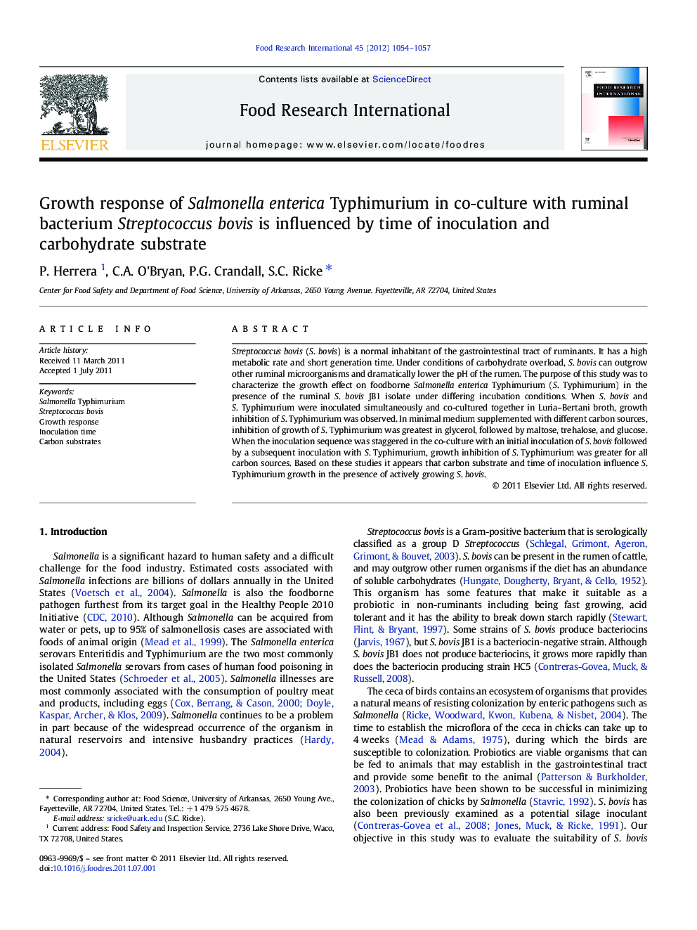 Growth response of Salmonella enterica Typhimurium in co-culture with ruminal bacterium Streptococcus bovis is influenced by time of inoculation and carbohydrate substrate