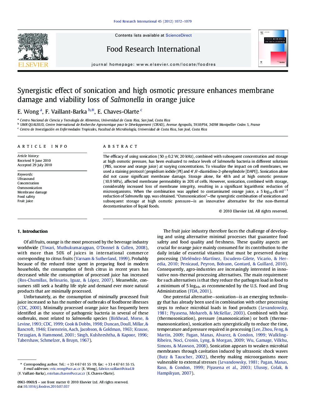 Synergistic effect of sonication and high osmotic pressure enhances membrane damage and viability loss of Salmonella in orange juice