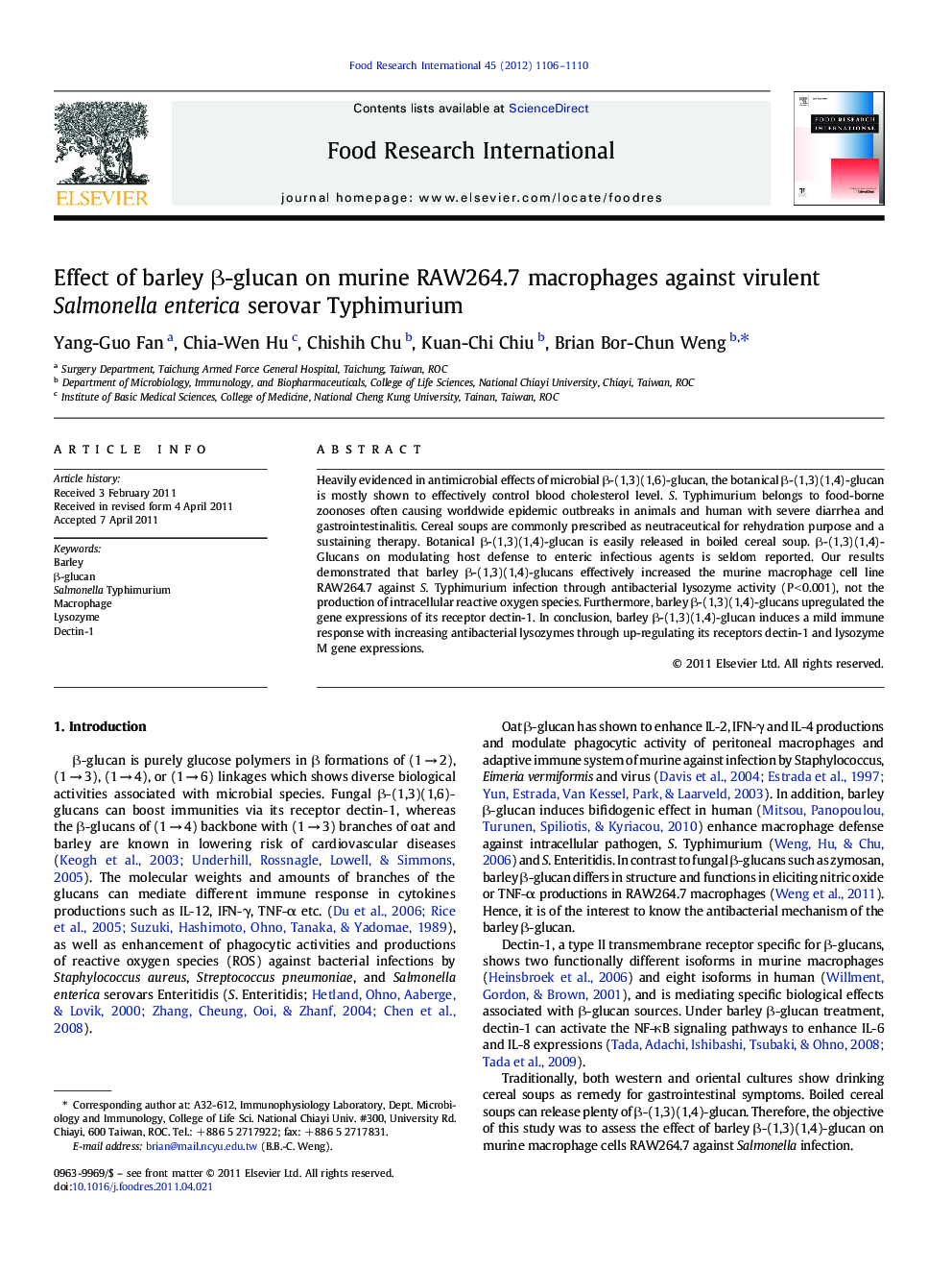 Effect of barley β-glucan on murine RAW264.7 macrophages against virulent Salmonella enterica serovar Typhimurium