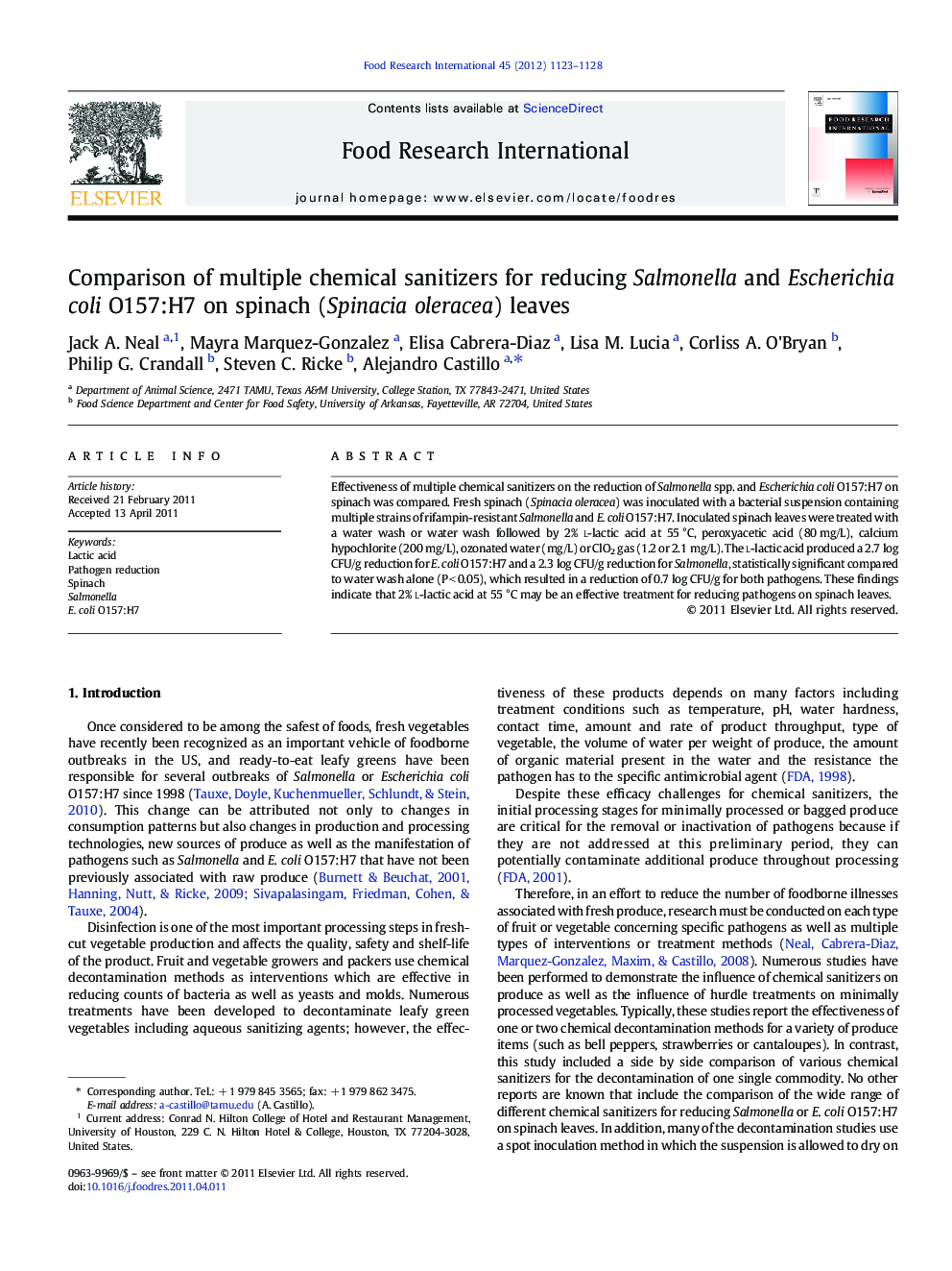 Comparison of multiple chemical sanitizers for reducing Salmonella and Escherichia coli O157:H7 on spinach (Spinacia oleracea) leaves