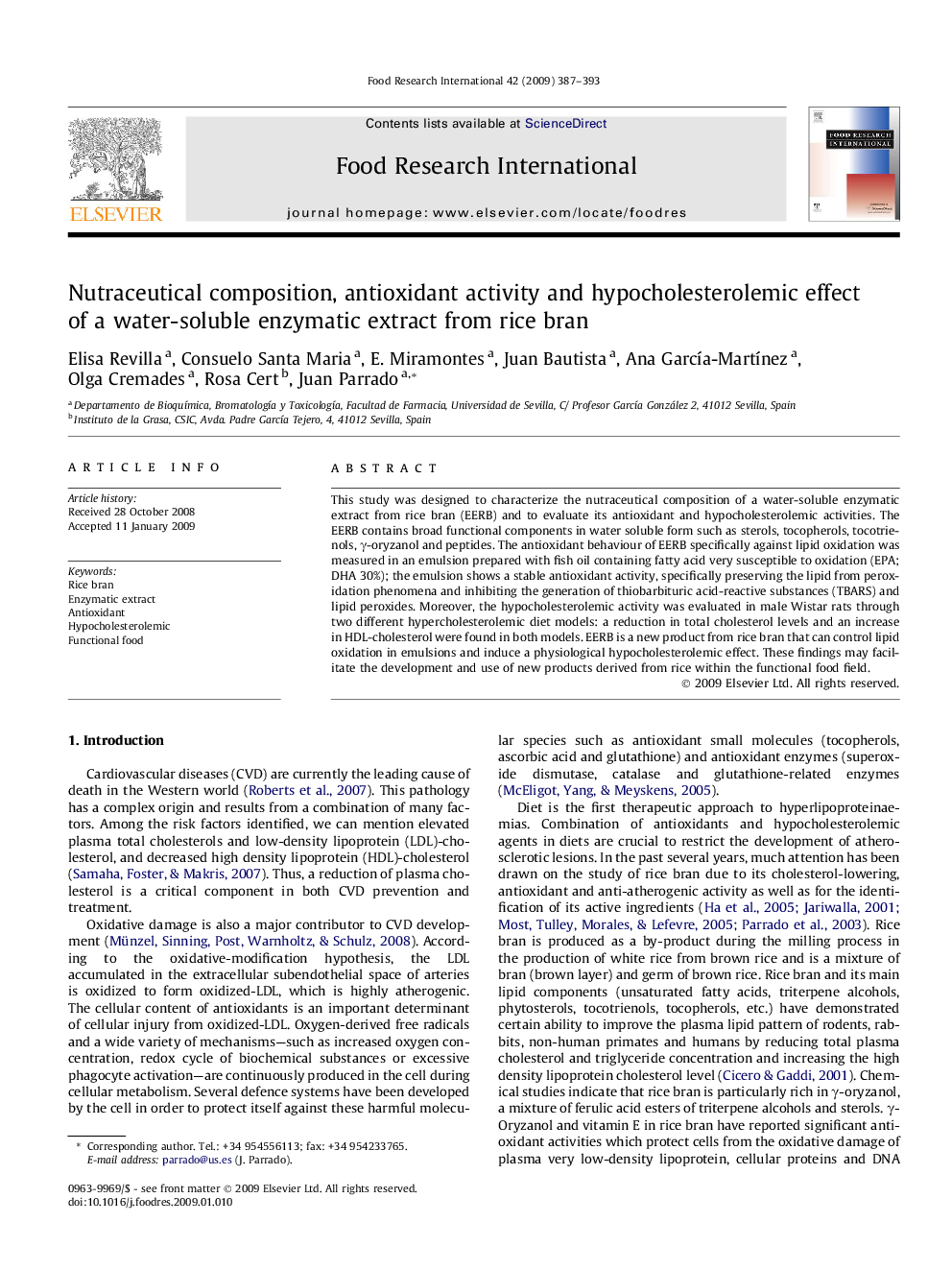 Nutraceutical composition, antioxidant activity and hypocholesterolemic effect of a water-soluble enzymatic extract from rice bran