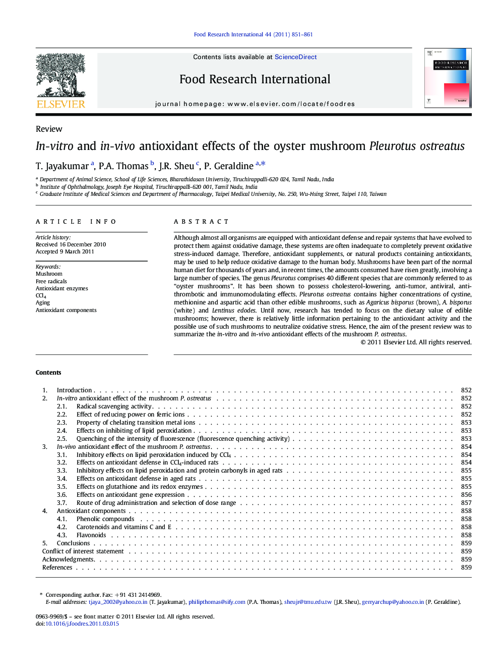 In-vitro and in-vivo antioxidant effects of the oyster mushroom Pleurotus ostreatus