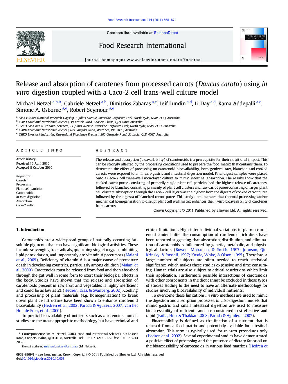 Release and absorption of carotenes from processed carrots (Daucus carota) using in vitro digestion coupled with a Caco-2 cell trans-well culture model