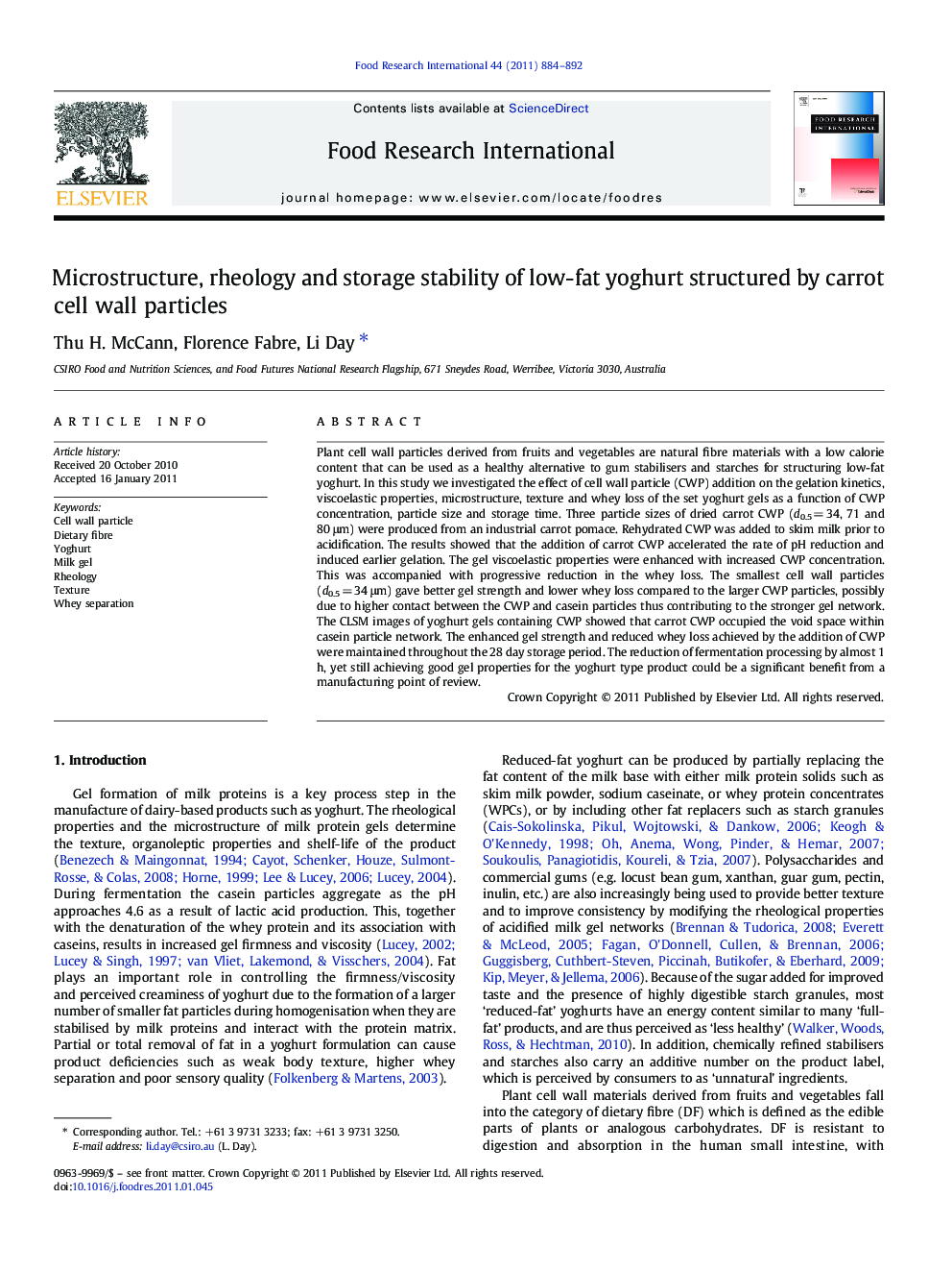 عکس صفحه اول مقاله: Microstructure, rheology and storage stability of low-fat yoghurt structured by carrot cell wall particles Microstructure, rheology and storage stability of low-fat yoghurt structured by carrot cell wall particles