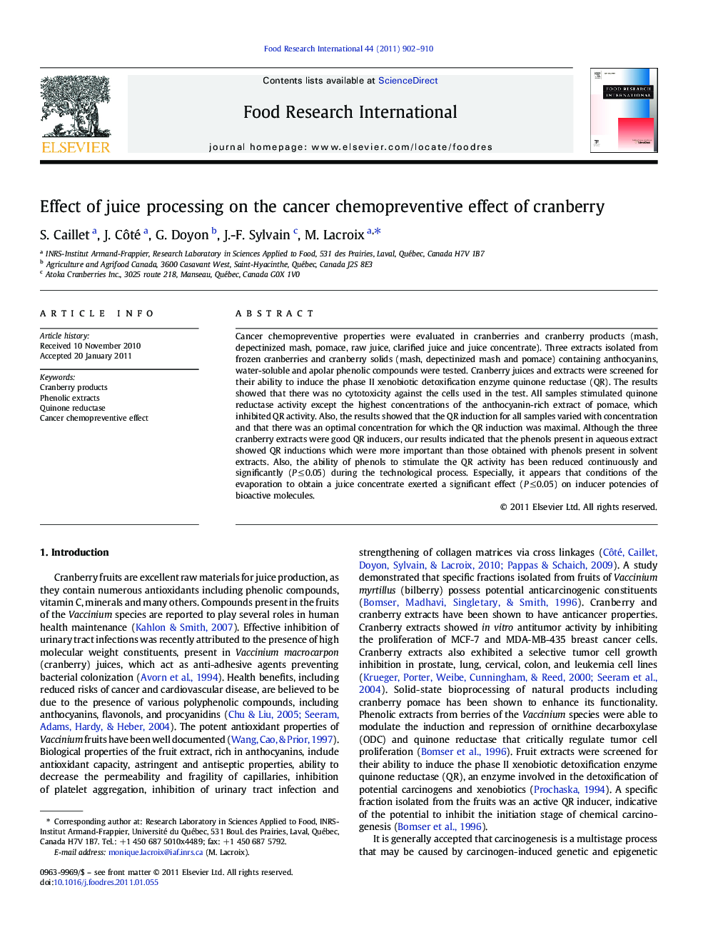 Effect of juice processing on the cancer chemopreventive effect of cranberry