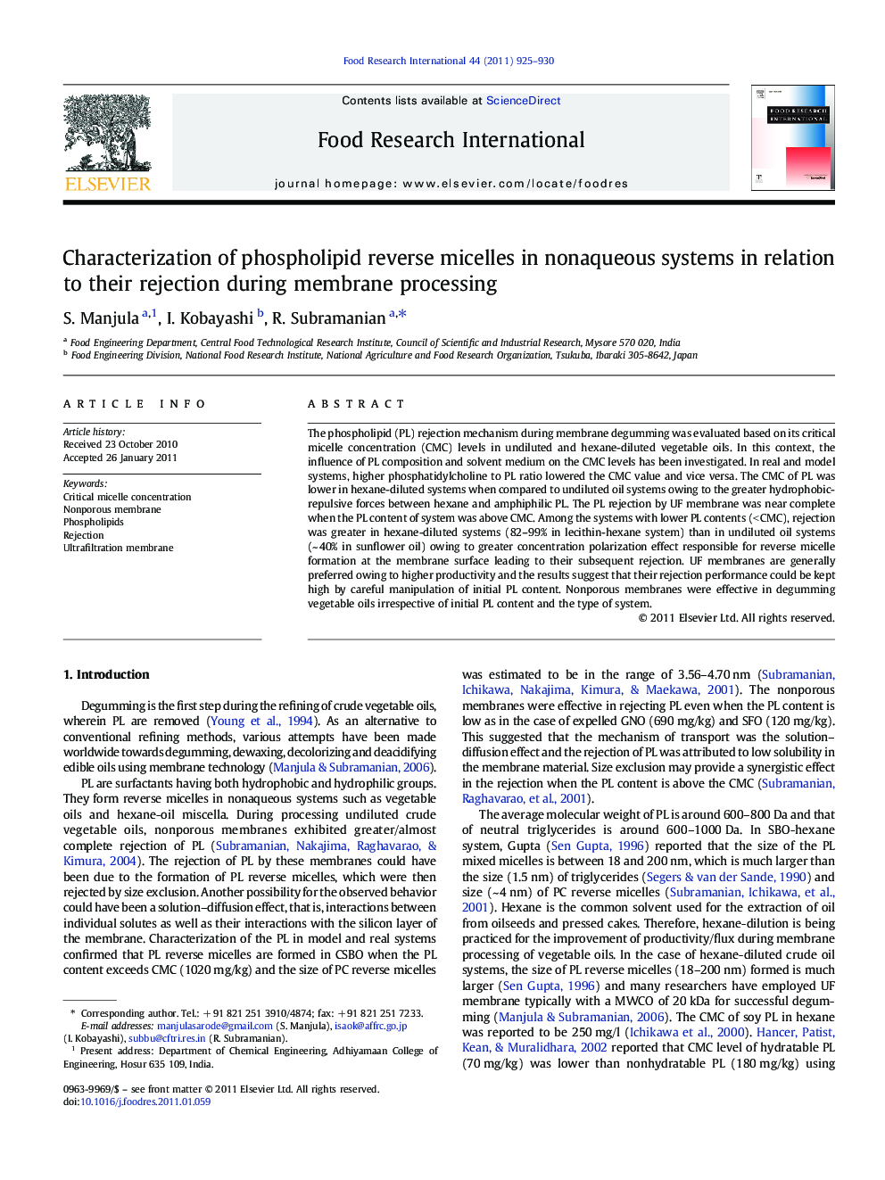 Characterization of phospholipid reverse micelles in nonaqueous systems in relation to their rejection during membrane processing