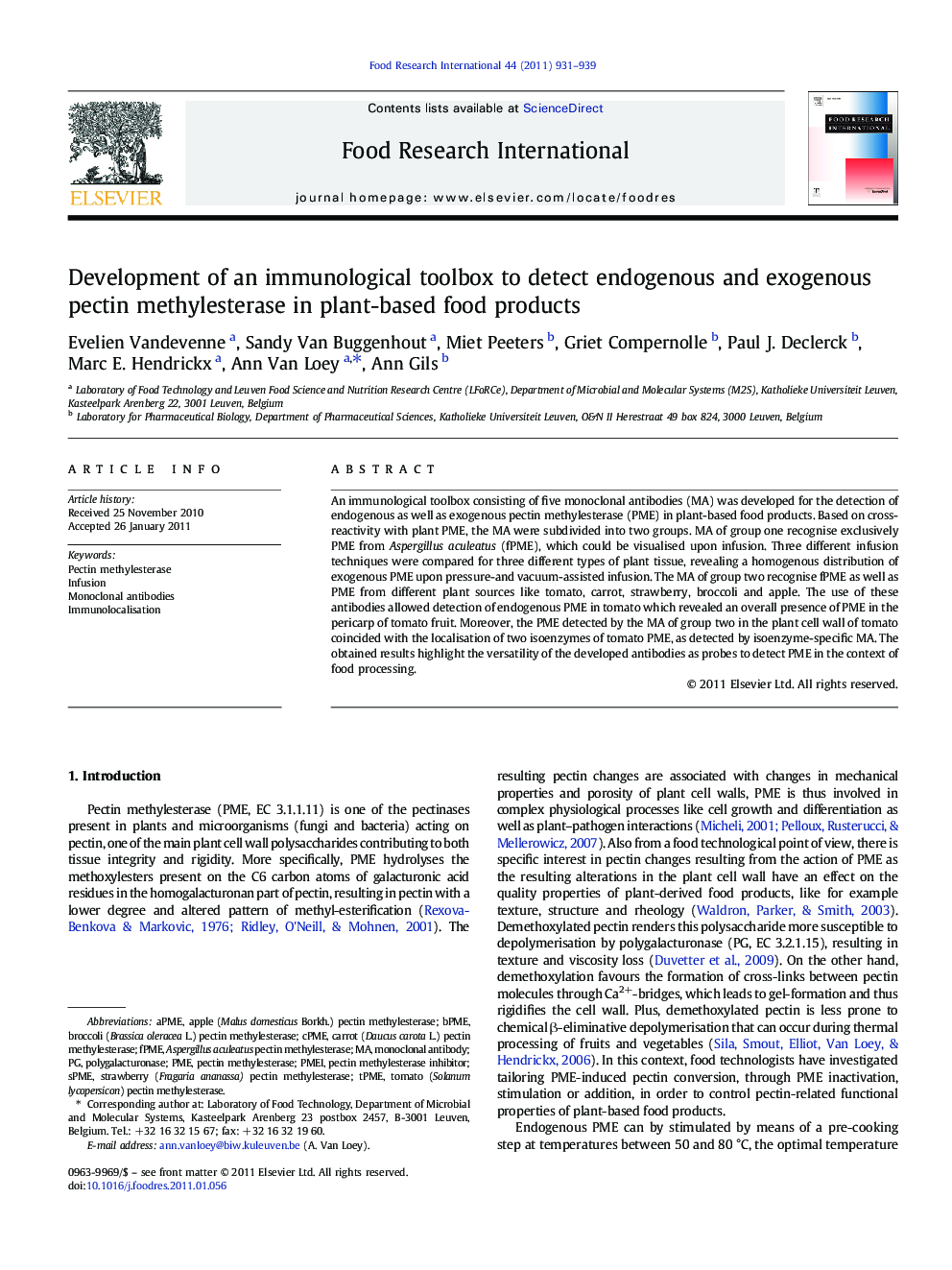 Development of an immunological toolbox to detect endogenous and exogenous pectin methylesterase in plant-based food products