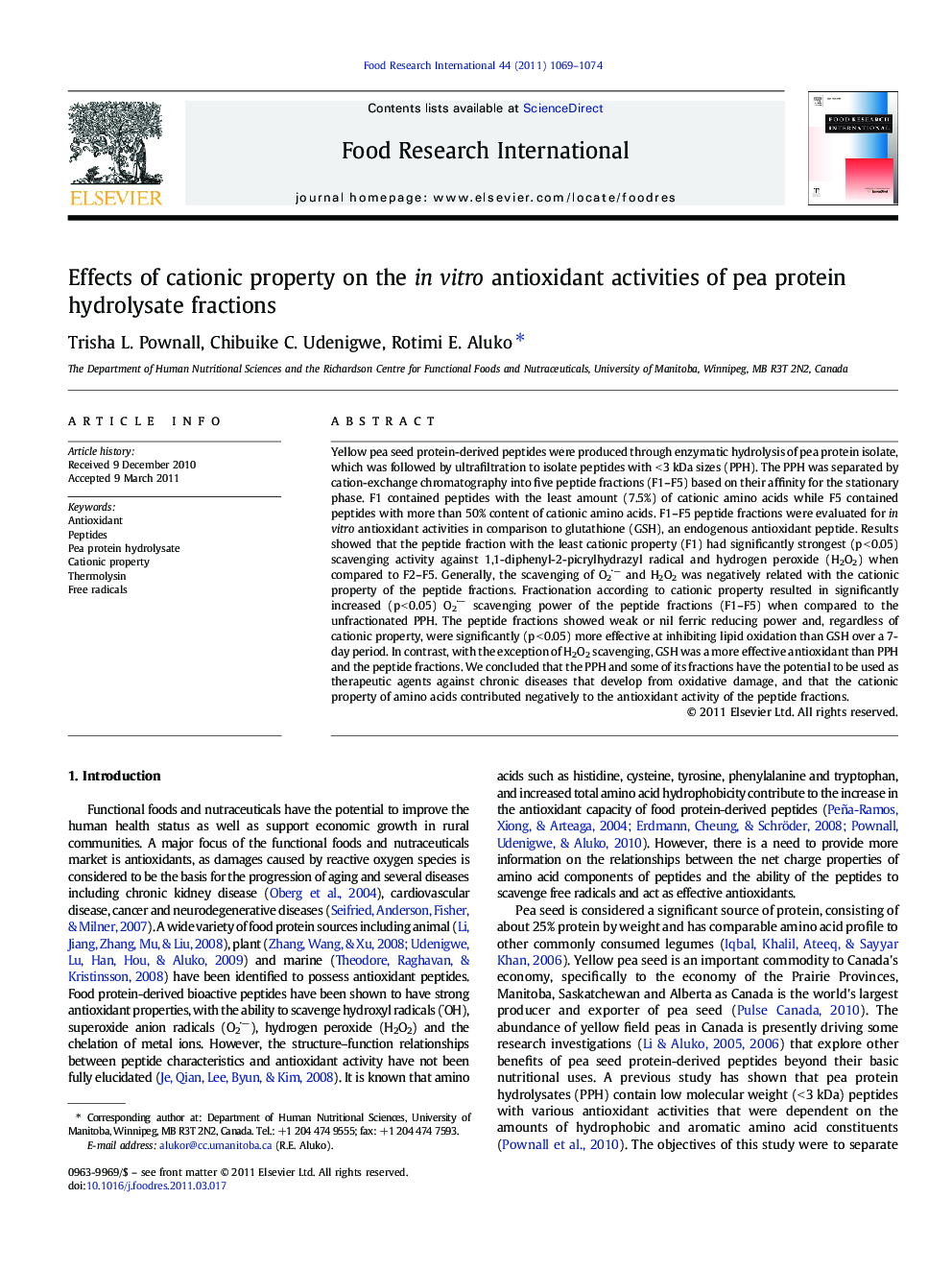 عکس صفحه اول مقاله: Effects of cationic property on the in vitro antioxidant activities of pea protein hydrolysate fractions Effects of cationic property on the in vitro antioxidant activities of pea protein hydrolysate fractions