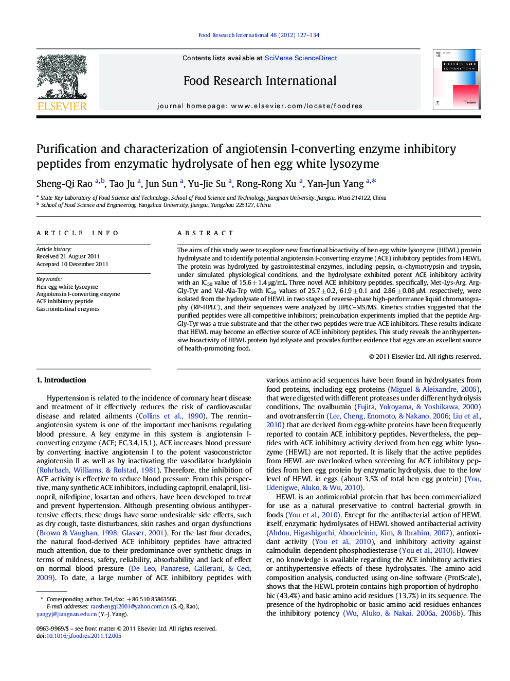 Purification and characterization of angiotensin I-converting enzyme inhibitory peptides from enzymatic hydrolysate of hen egg white lysozyme