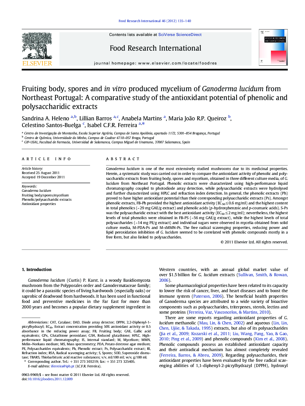 Fruiting body, spores and in vitro produced mycelium of Ganoderma lucidum from Northeast Portugal: A comparative study of the antioxidant potential of phenolic and polysaccharidic extracts