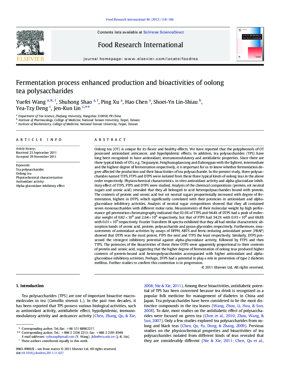 عکس صفحه اول مقاله: Fermentation process enhanced production and bioactivities of oolong tea polysaccharides Fermentation process enhanced production and bioactivities of oolong tea polysaccharides