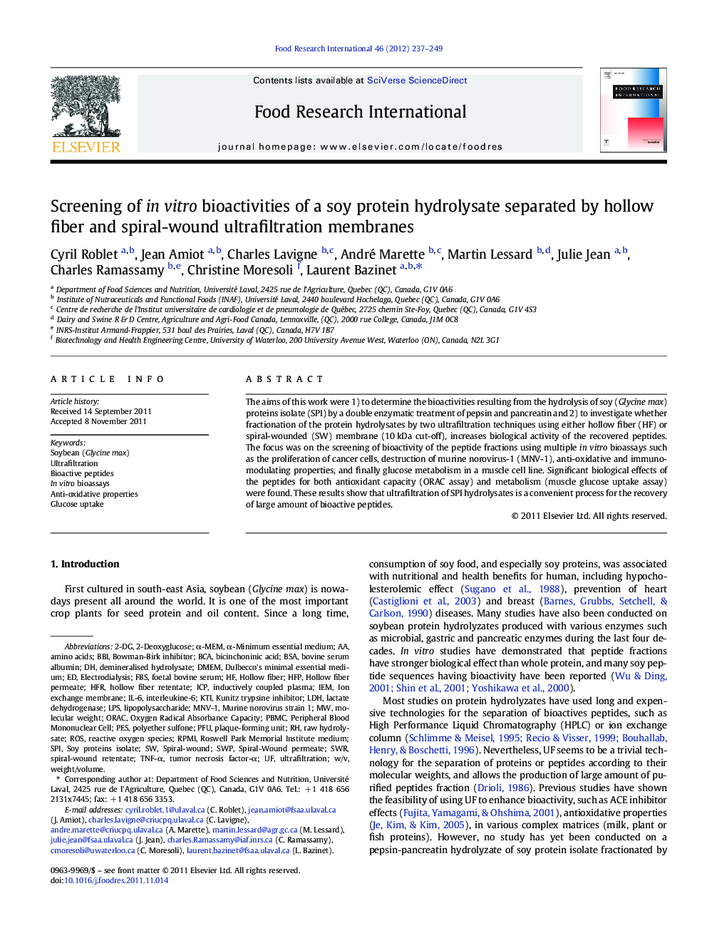 Screening of in vitro bioactivities of a soy protein hydrolysate separated by hollow fiber and spiral-wound ultrafiltration membranes