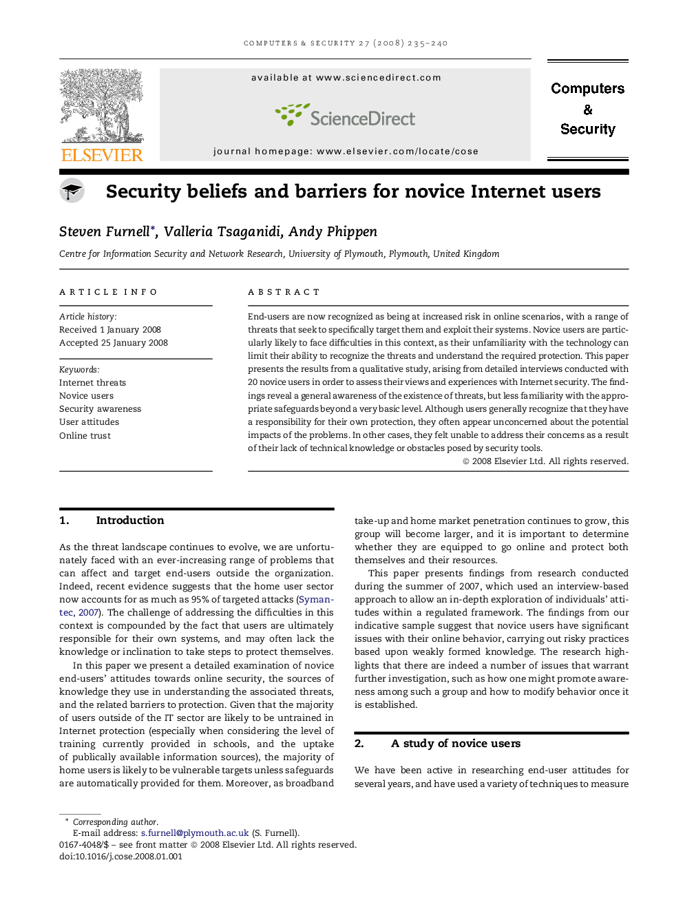 Security beliefs and barriers for novice Internet users