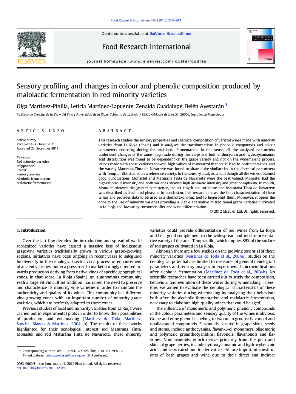 عکس صفحه اول مقاله: Sensory profiling and changes in colour and phenolic composition produced by malolactic fermentation in red minority varieties Sensory profiling and changes in colour and phenolic composition produced by malolactic fermentation in red minority varieties