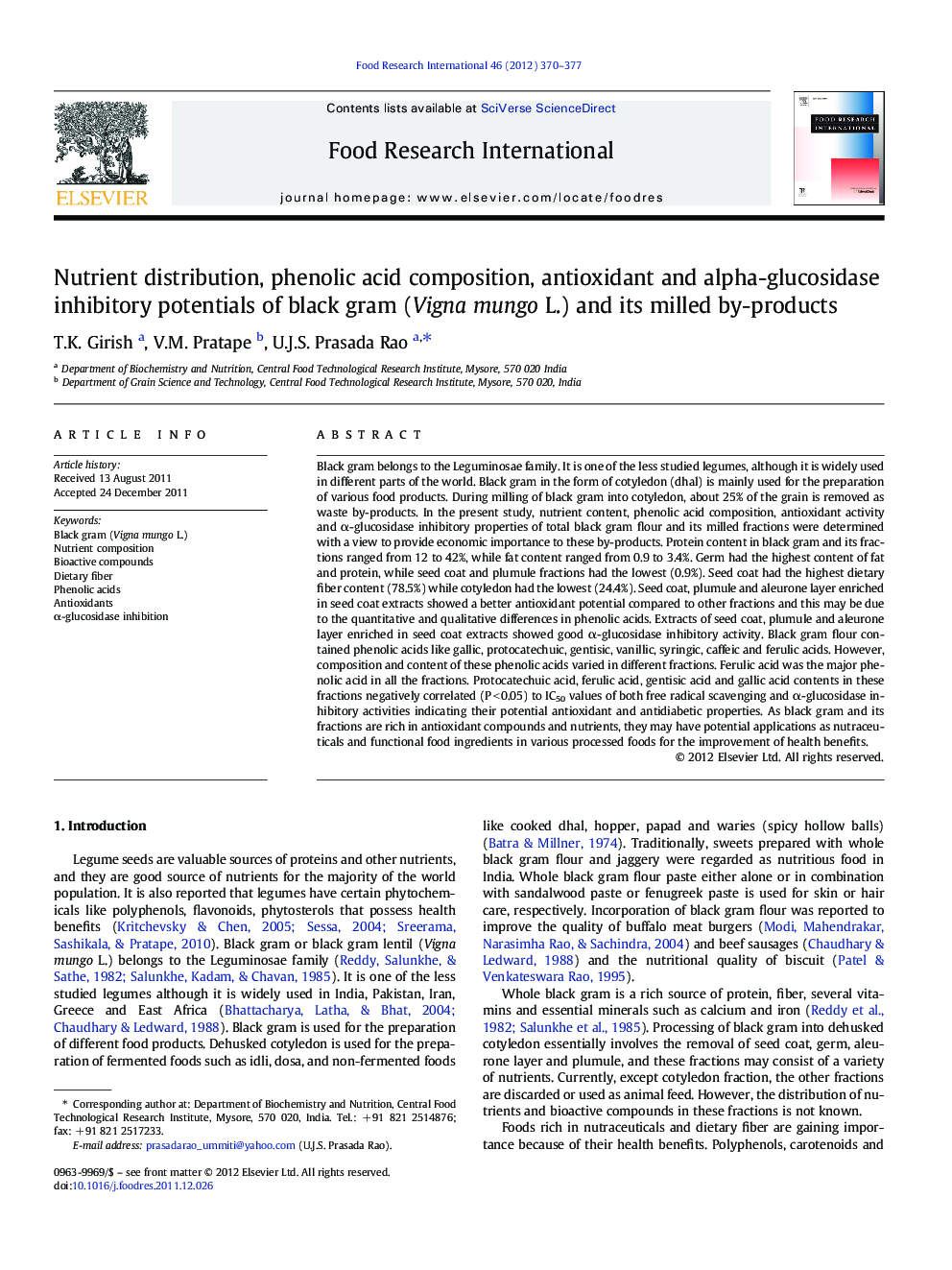 Nutrient distribution, phenolic acid composition, antioxidant and alpha-glucosidase inhibitory potentials of black gram (Vigna mungo L.) and its milled by-products