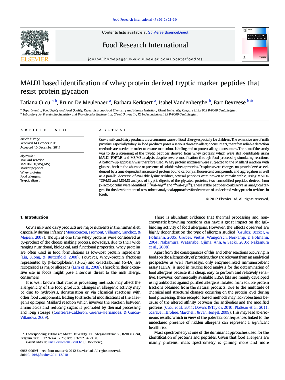 MALDI based identification of whey protein derived tryptic marker peptides that resist protein glycation