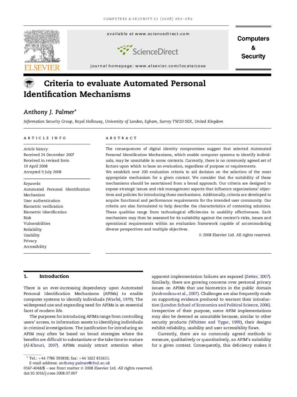 Criteria to evaluate Automated Personal Identification Mechanisms