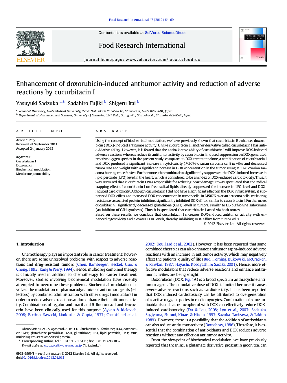 Enhancement of doxorubicin-induced antitumor activity and reduction of adverse reactions by cucurbitacin I