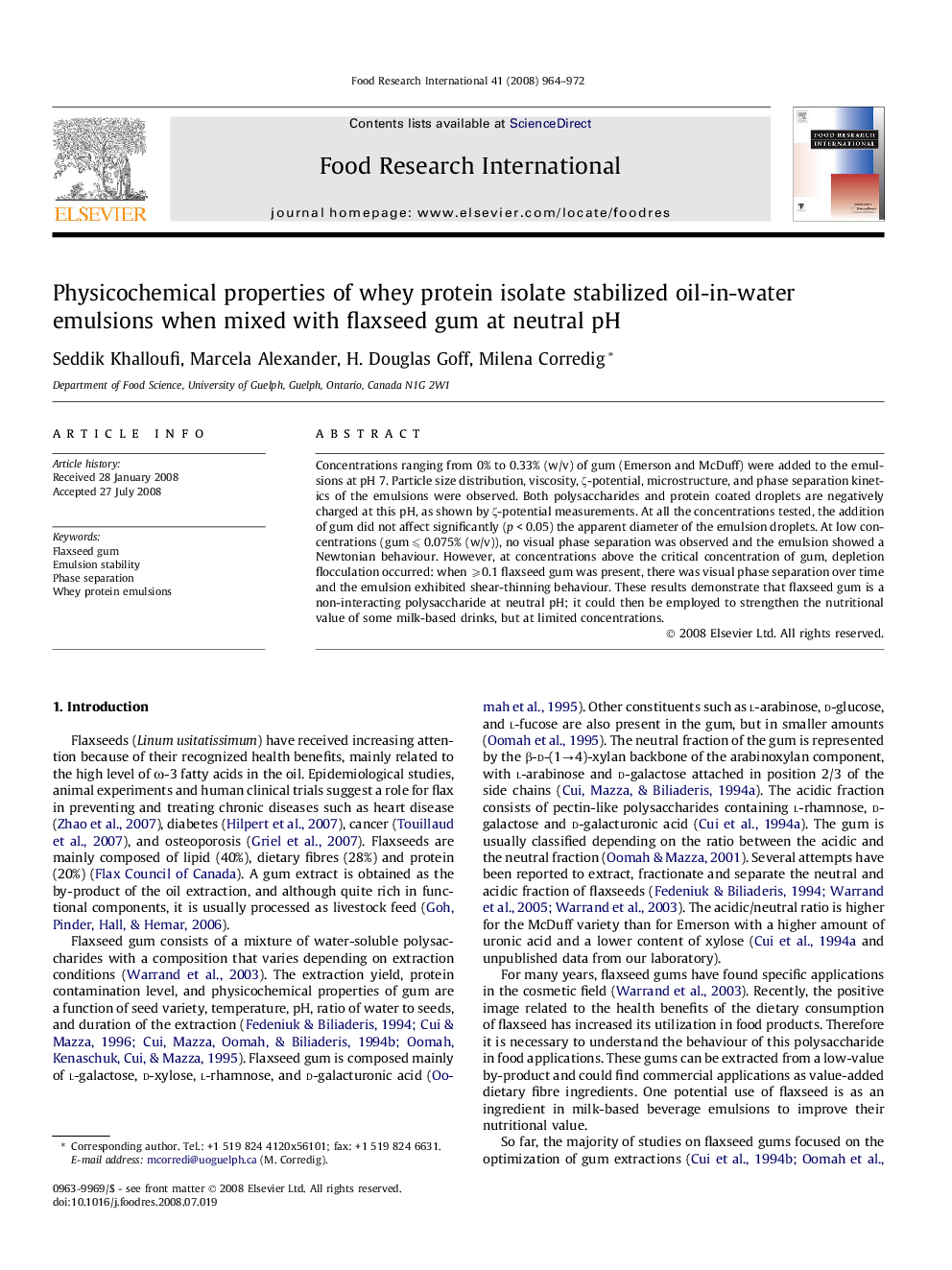 Physicochemical properties of whey protein isolate stabilized oil-in-water emulsions when mixed with flaxseed gum at neutral pH