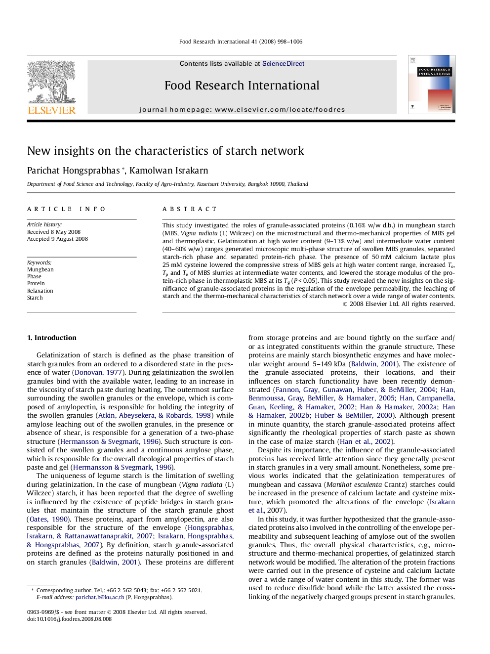 New insights on the characteristics of starch network