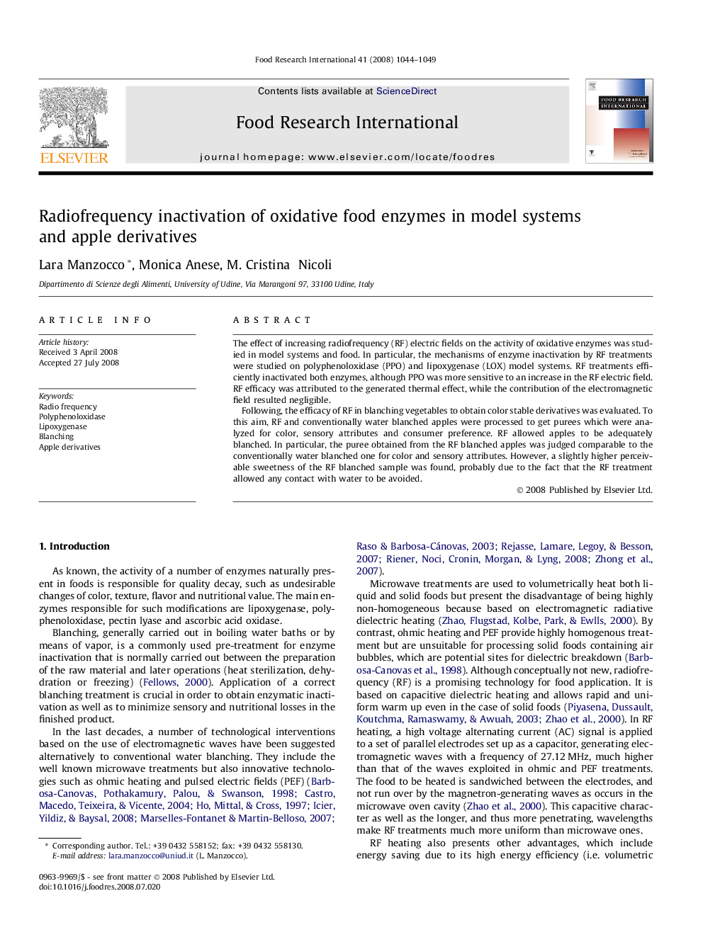 Radiofrequency inactivation of oxidative food enzymes in model systems and apple derivatives