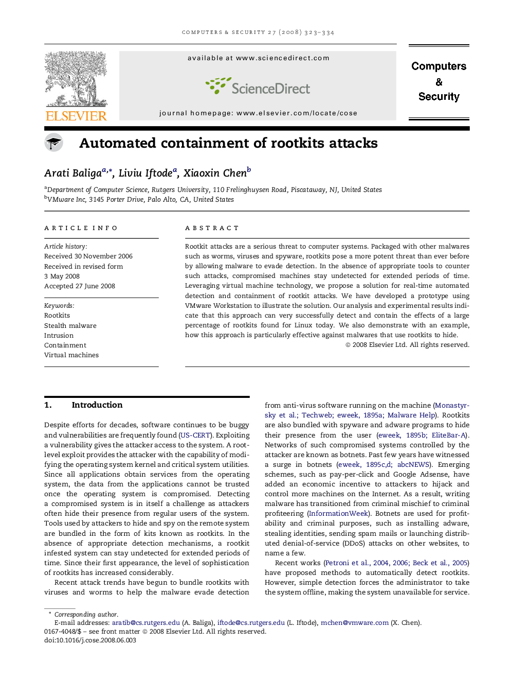 Automated containment of rootkits attacks