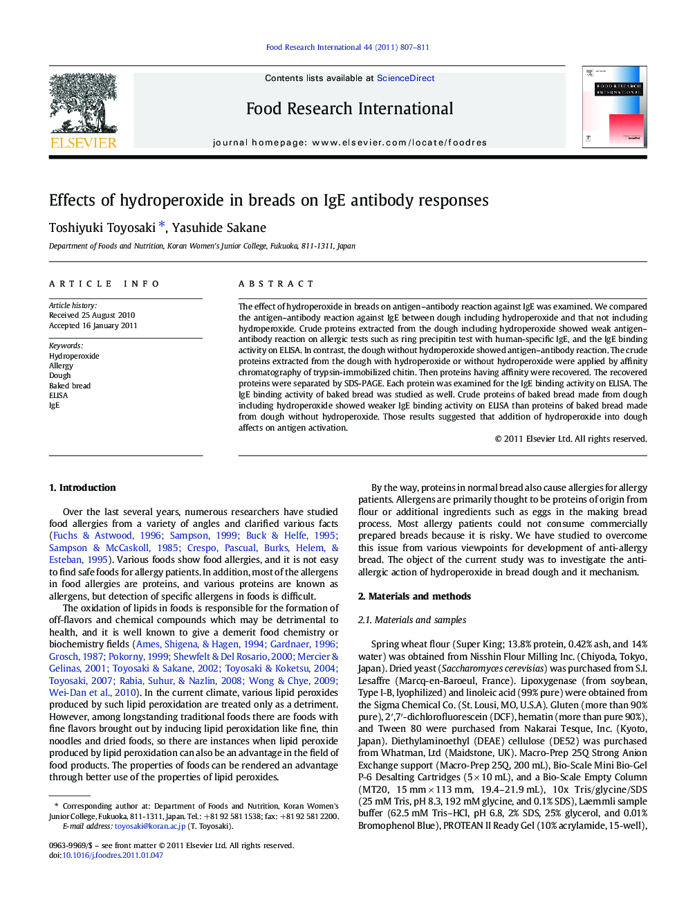 Effects of hydroperoxide in breads on IgE antibody responses