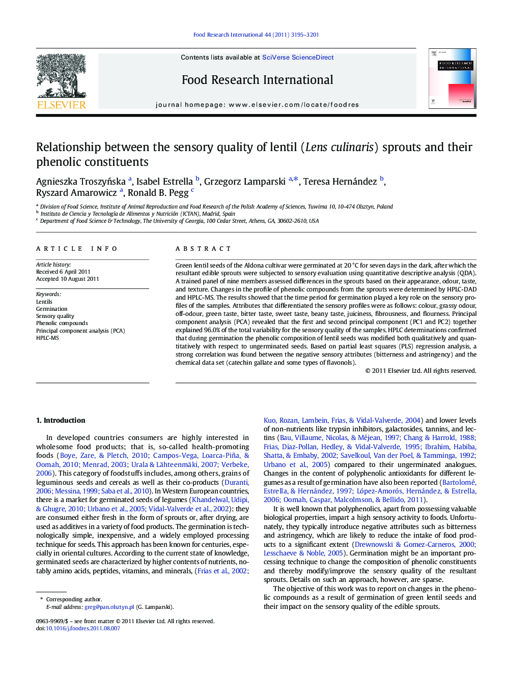 Relationship between the sensory quality of lentil (Lens culinaris) sprouts and their phenolic constituents