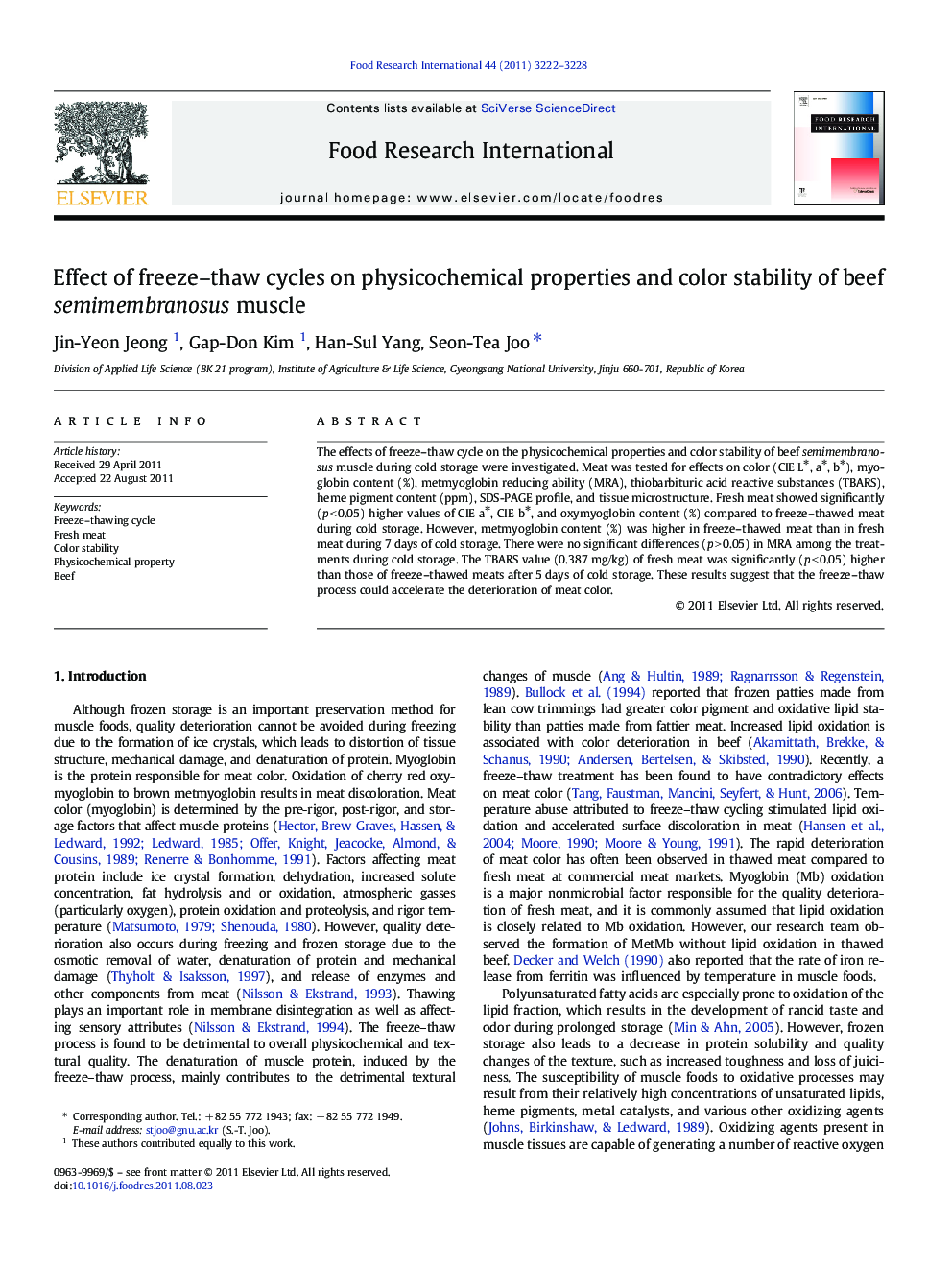 Effect of freeze–thaw cycles on physicochemical properties and color stability of beef semimembranosus muscle