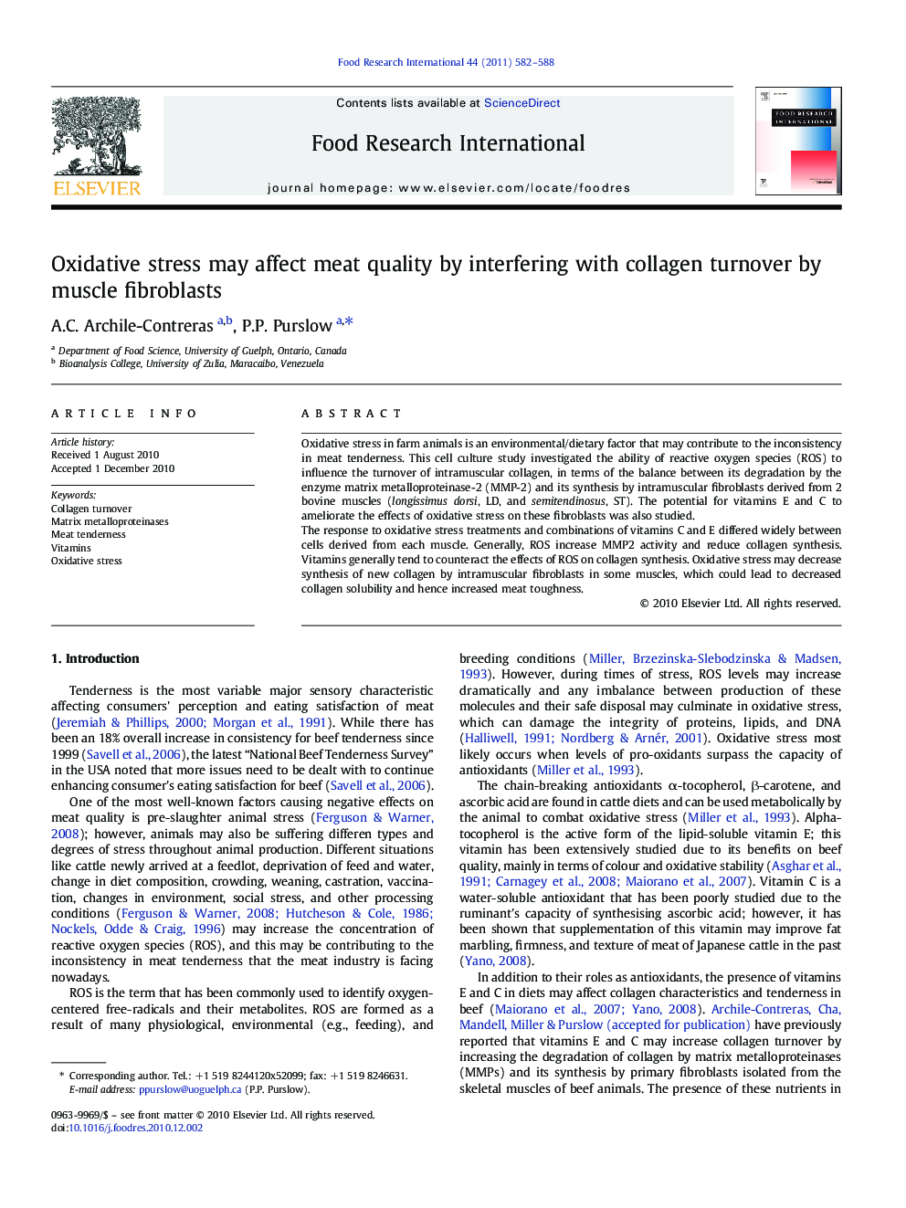 Oxidative stress may affect meat quality by interfering with collagen turnover by muscle fibroblasts