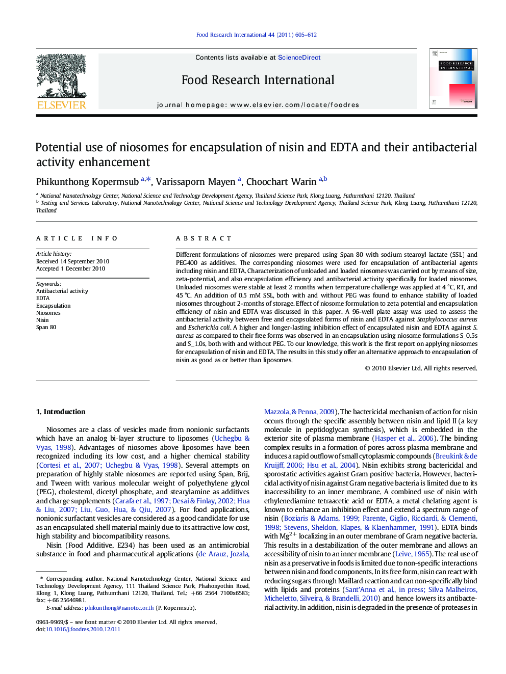 Potential use of niosomes for encapsulation of nisin and EDTA and their antibacterial activity enhancement