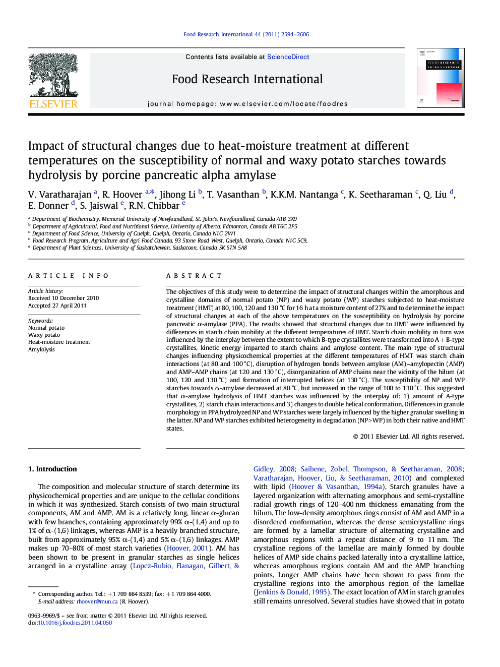 Impact of structural changes due to heat-moisture treatment at different temperatures on the susceptibility of normal and waxy potato starches towards hydrolysis by porcine pancreatic alpha amylase