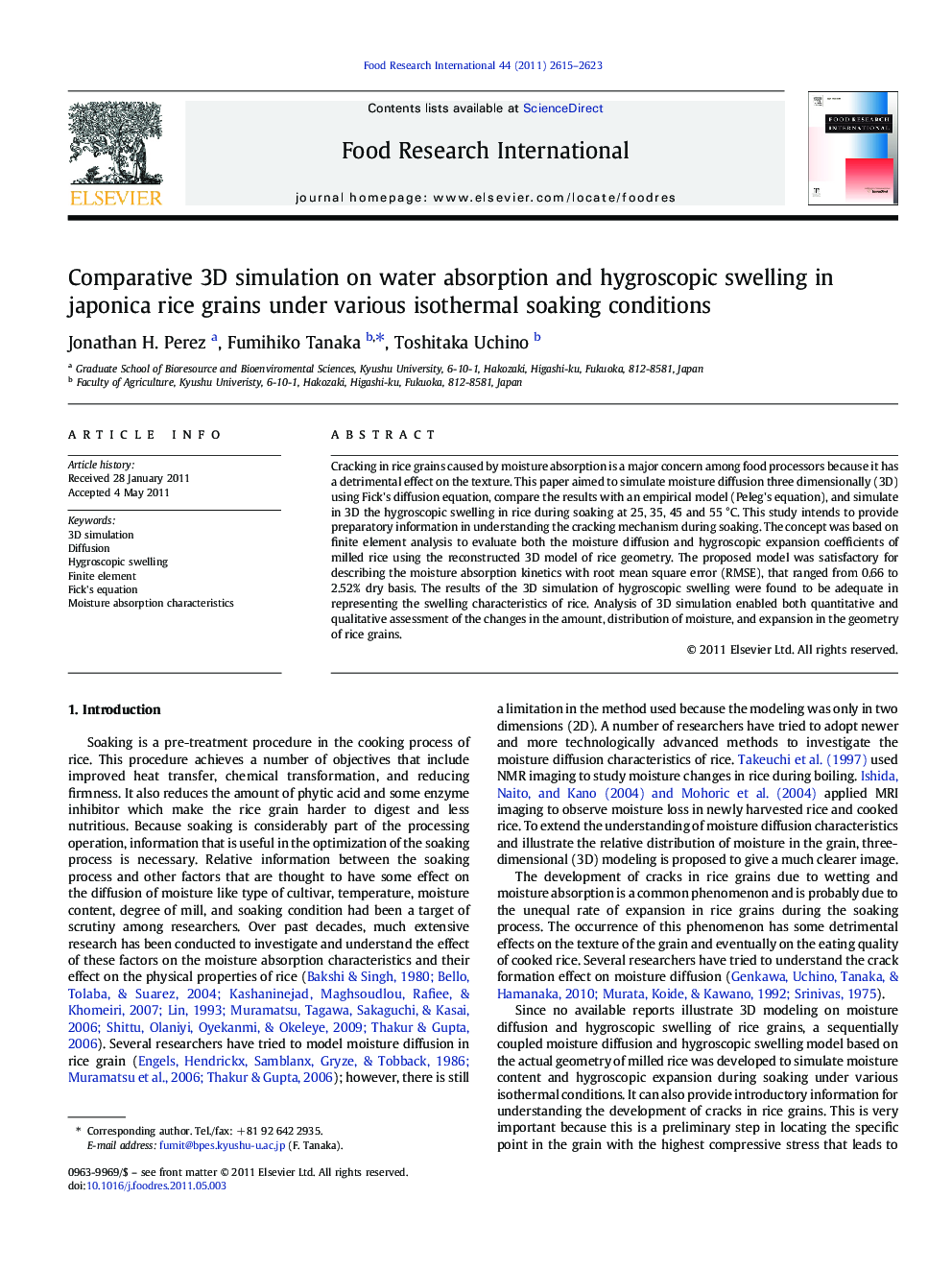 Comparative 3D simulation on water absorption and hygroscopic swelling in japonica rice grains under various isothermal soaking conditions